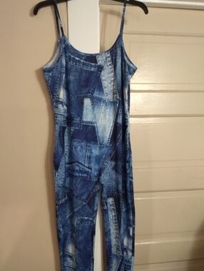 WOMANS Denim-Print Spaghetti Strap One-Piece Bodysuit - Blue